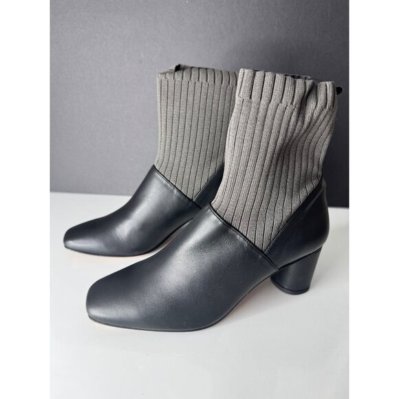 New Max Mara Block Ankle Boot Dark Gray Leather Knit Fitted Sock EU 37 US 7 - Picture 2 of 6